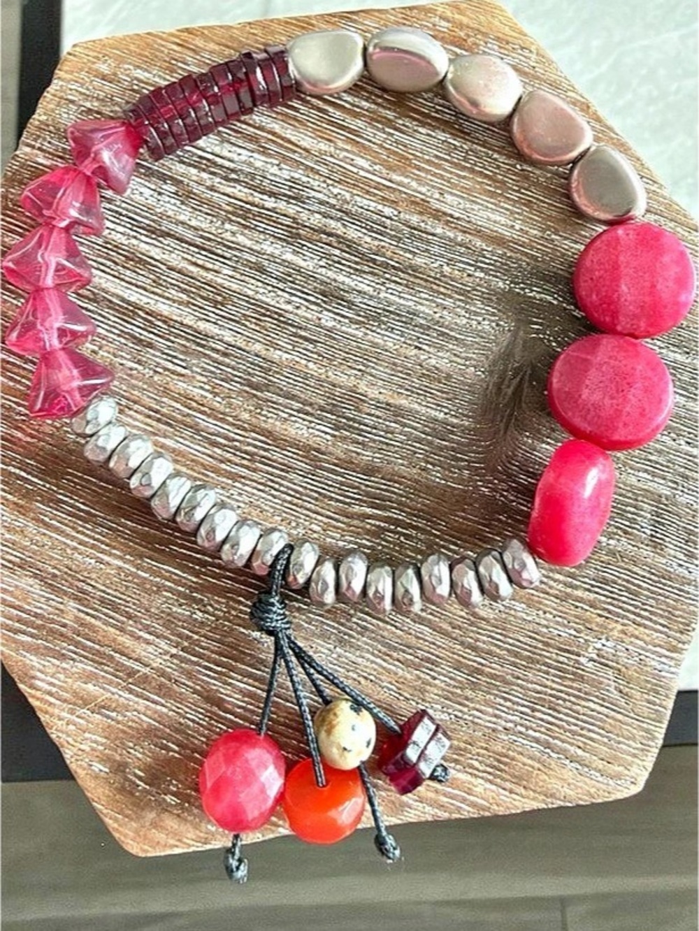Chunky Boho Asymmetrical Beaded Stretch Bracelet Pink Fuschia Silver Tassel Acce